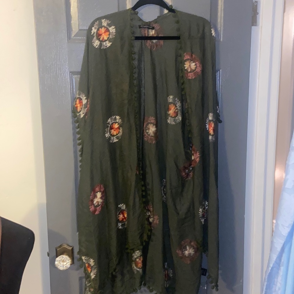 Olive green shawl with floral decal